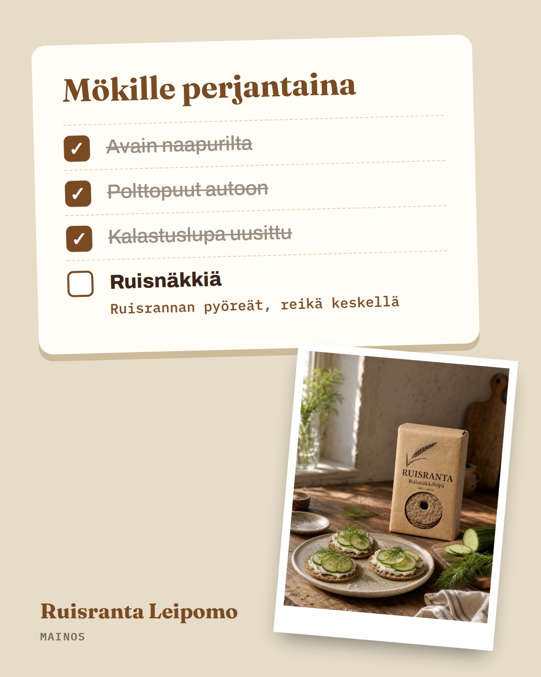 Muistilista-mainos brändille Ruisranta Leipomo, Ziildin demobrändi